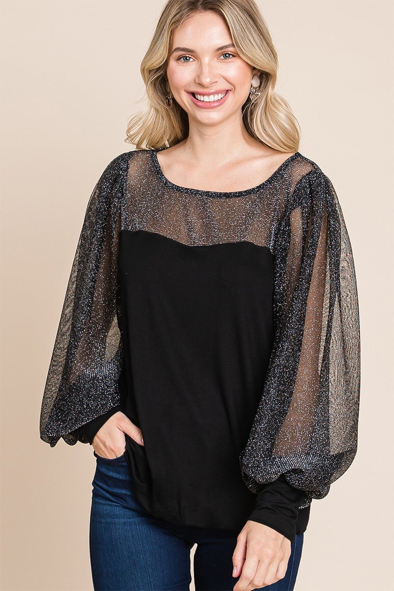 Super Lady Full Size Metallic Mesh Lantern Sleeve Blouse - Love Salve